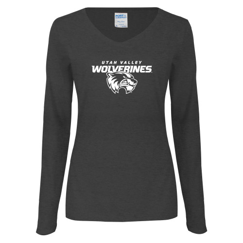 Womens Dark Heather Long Sleeve V Neck Tee  - Secondary Logo
