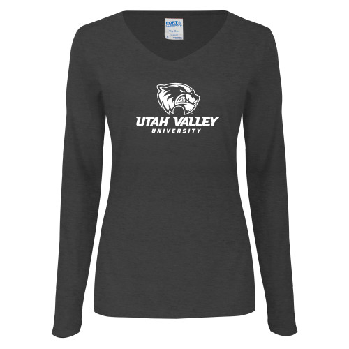  Womens Dark Heather Long Sleeve V Neck Tee  - Utah Valley University