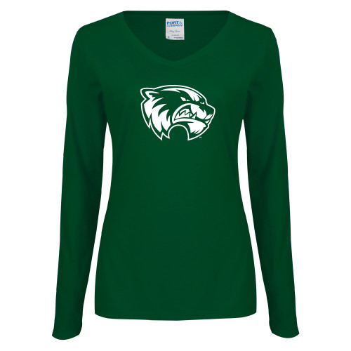  Womens Dark Green Long Sleeve V Neck Tee  - Primary Logo