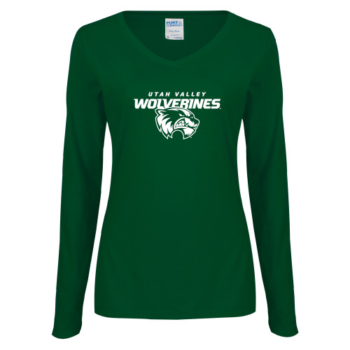  Womens Dark Green Long Sleeve V Neck Tee  - Secondary Logo