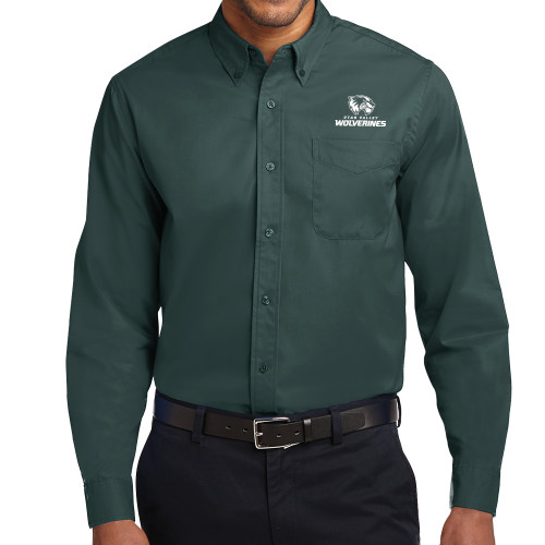  Dark Green Twill Button Down Long Sleeve - Utah Valley Wolverines Logo