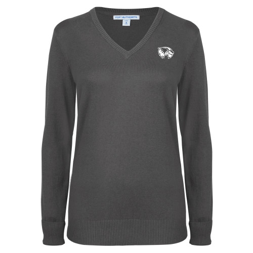 Womens Charcoal Heather VNeck Sweater - Primary Logo