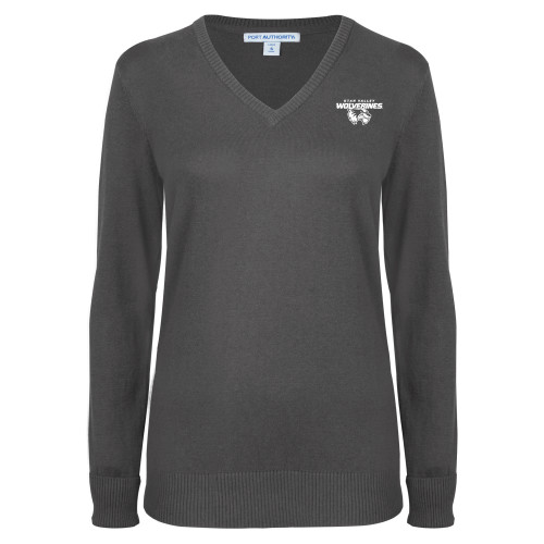  Womens Charcoal Heather VNeck Sweater - Secondary Logo