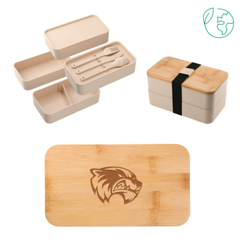 Stackable Bamboo Fiber Beige Bento Box - Primary Logo Engraved