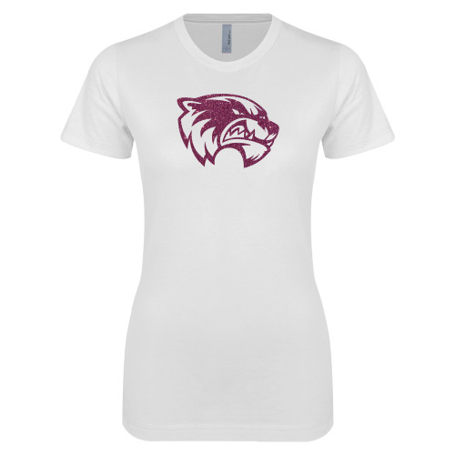  Next Level Womens White Boyfriend Tee - Wolverine Glitter Pink