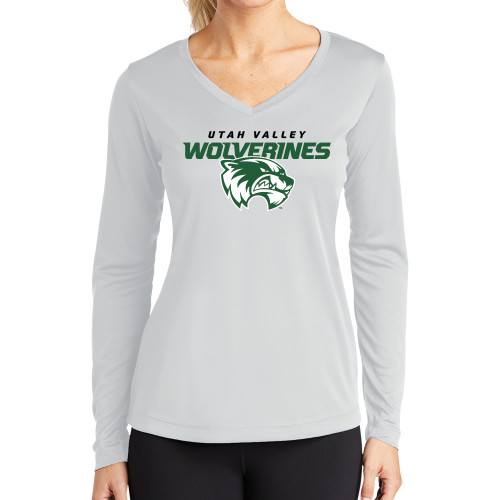  Womens White Performance Long Sleeve V Neck Shirt - Secondary Logo