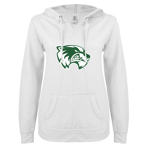  ENZA Womens White V Notch Raw Edge Fleece Hoodie - Primary Logo