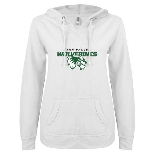  ENZA Womens White V Notch Raw Edge Fleece Hoodie - Secondary Logo