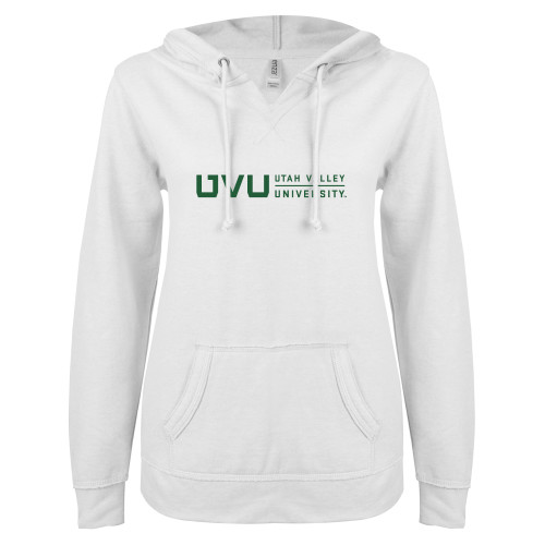  ENZA Womens White V Notch Raw Edge Fleece Hoodie - UVU Utah Valley University Horizontal