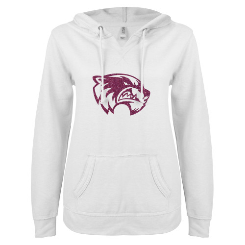  ENZA Womens White V Notch Raw Edge Fleece Hoodie - Wolverine Glitter Pink