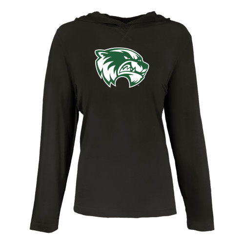  Womens Black Long Sleeve Hooded Tee - Primary Logo