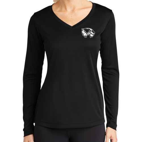  Womens Black Performance Long Sleeve V Neck Shirt - Primary Logo