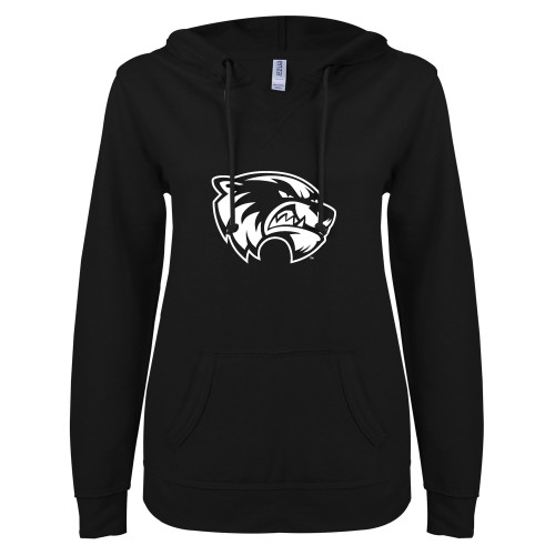  ENZA Womens Black V Notch Raw Edge Fleece Hoodie - Primary Logo