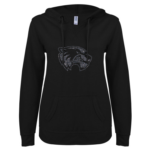  ENZA Womens Black V Notch Raw Edge Fleece Hoodie - Wolverine Glitter Graphite Soft