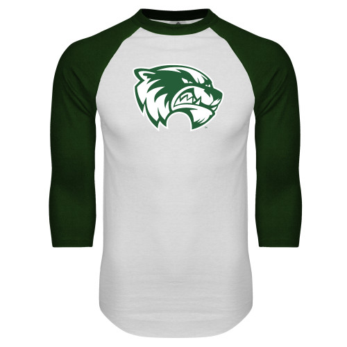  White/Dark Green Raglan Baseball T Shirt - Primary Logo