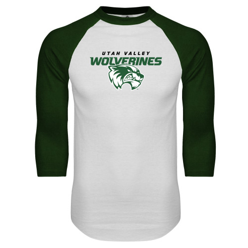  White/Dark Green Raglan Baseball T Shirt - Secondary Logo