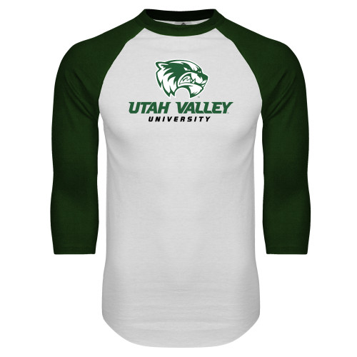  White/Dark Green Raglan Baseball T Shirt - Utah Valley University