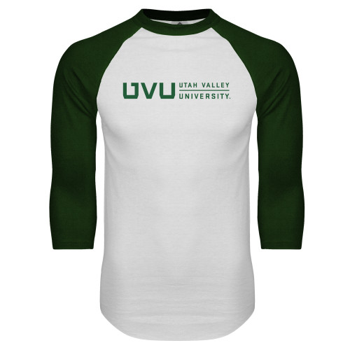  White/Dark Green Raglan Baseball T Shirt - UVU Utah Valley University Horizontal