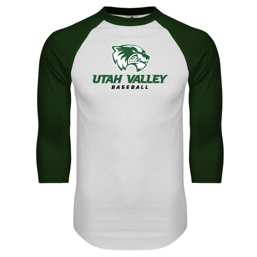  White/Dark Green Raglan Baseball T Shirt - Baseball