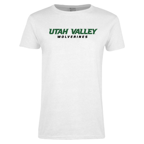  Womens White Short Sleeve Tee - Utah Valley Word Mark