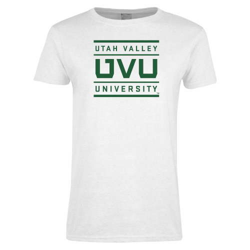  Womens White Short Sleeve Tee - Utah Valley University Stacked