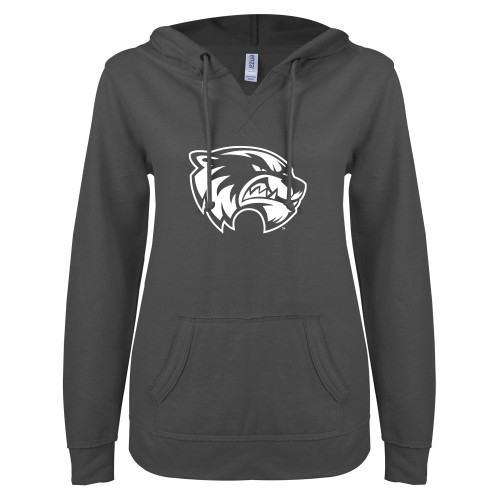  ENZA Womens Dark Heather V Notch Raw Edge Fleece Hoodie - Primary Logo