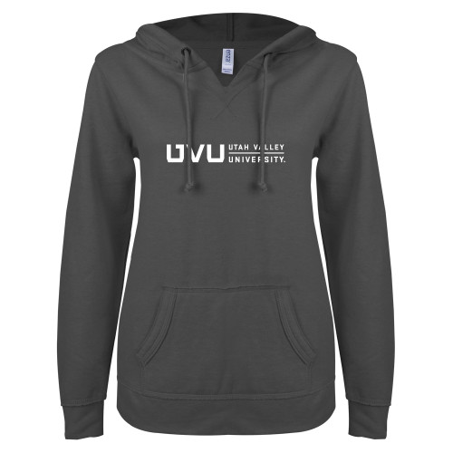  ENZA Womens Dark Heather V Notch Raw Edge Fleece Hoodie - UVU Utah Valley University Horizontal