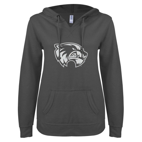  ENZA Womens Dark Heather V Notch Raw Edge Fleece Hoodie - Wolverine Glitter White Soft
