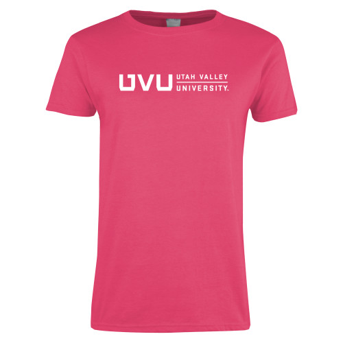  Womens Hot Pink Short Sleeve Tee - UVU Utah Valley University Horizontal