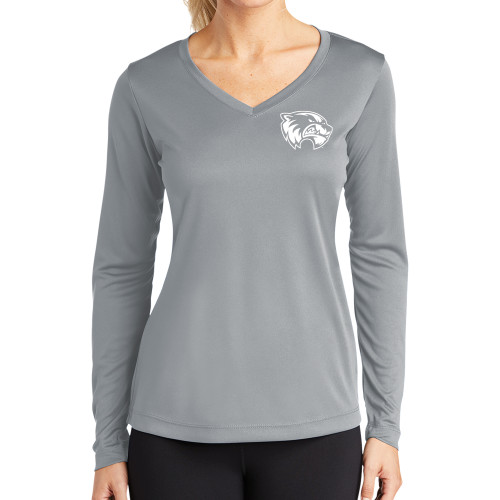  Womens Grey Performance Long Sleeve V Neck Shirt - Primary Logo