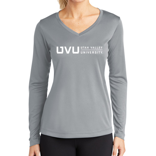  Womens Grey Performance Long Sleeve V Neck Shirt - UVU Utah Valley University Horizontal