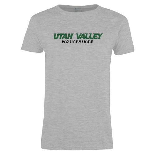  Womens Grey Short Sleeve Tee - Utah Valley Word Mark