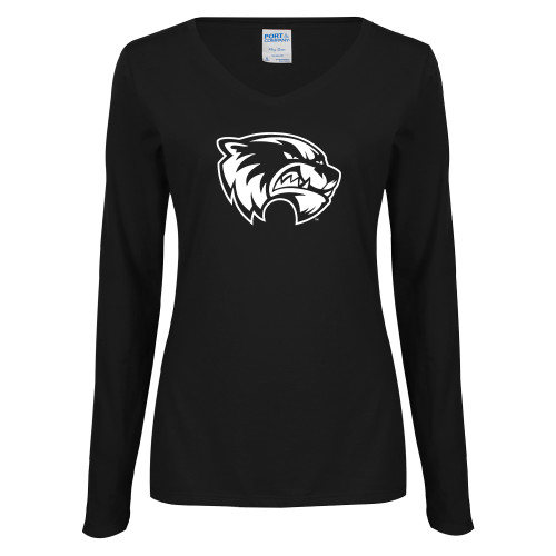  Womens Black Long Sleeve V Neck Tee  - Primary Logo