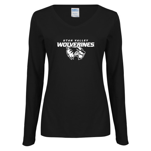  Womens Black Long Sleeve V Neck Tee  - Secondary Logo