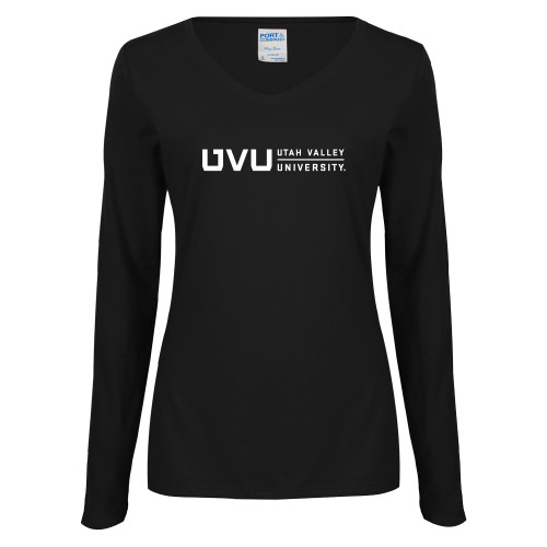  Womens Black Long Sleeve V Neck Tee  - UVU Utah Valley University Horizontal