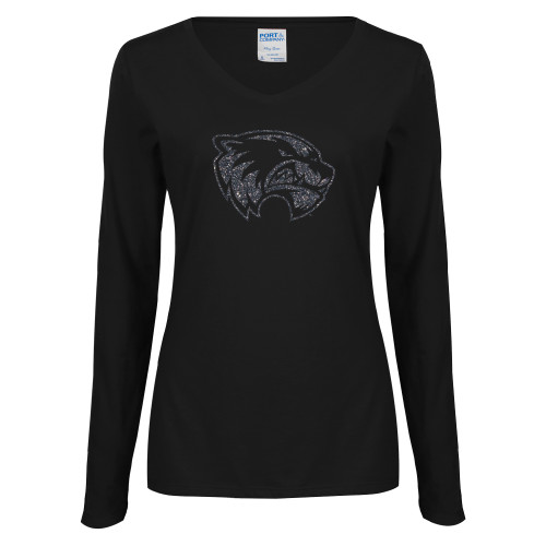  Womens Black Long Sleeve V Neck Tee  - Wolverine Glitter Graphite Soft