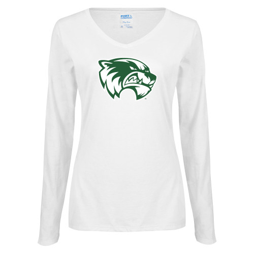  Womens White Long Sleeve V Neck Tee - Primary Logo