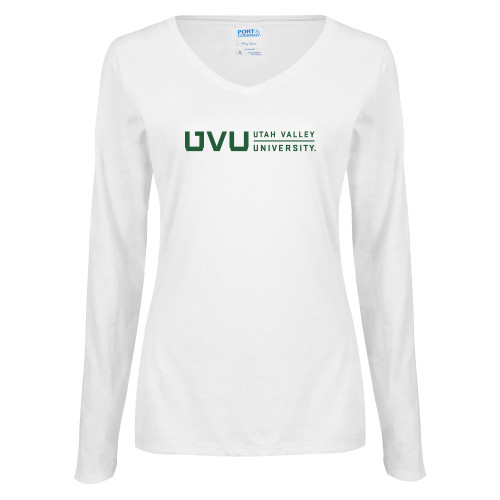  Womens White Long Sleeve V Neck Tee - UVU Utah Valley University Horizontal
