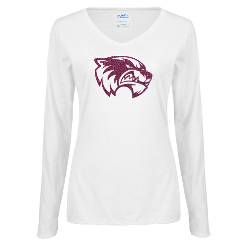  Womens White Long Sleeve V Neck Tee - Wolverine Glitter Pink