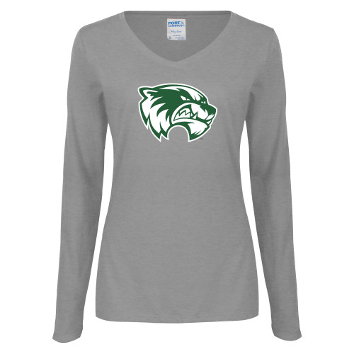  Womens Grey Long Sleeve V Neck Tee  - Primary Logo