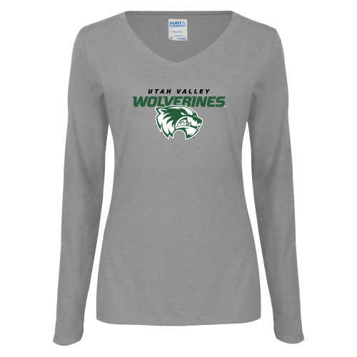  Womens Grey Long Sleeve V Neck Tee  - Secondary Logo