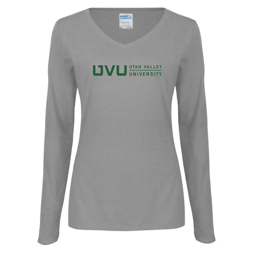  Womens Grey Long Sleeve V Neck Tee  - UVU Utah Valley University Horizontal