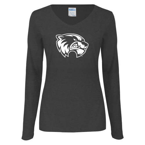  Womens Dark Heather Long Sleeve V Neck Tee  - Primary Logo