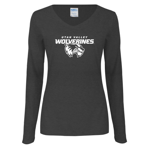  Womens Dark Heather Long Sleeve V Neck Tee  - Secondary Logo