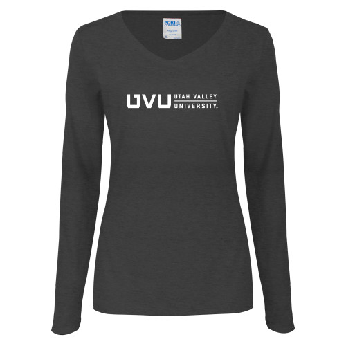  Womens Dark Heather Long Sleeve V Neck Tee  - UVU Utah Valley University Horizontal