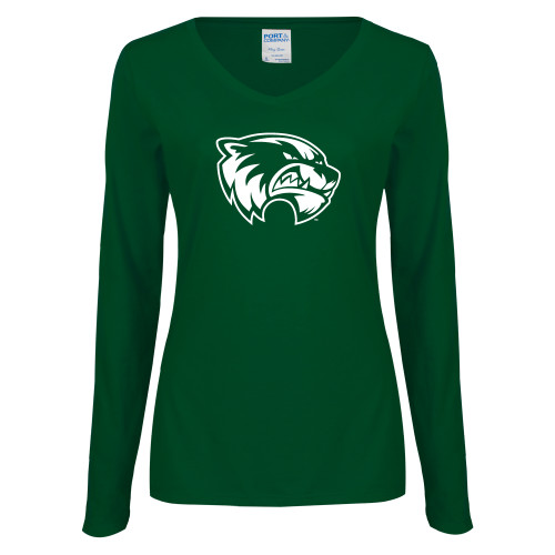  Womens Dark Green Long Sleeve V Neck Tee  - Primary Logo