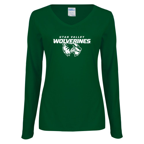  Womens Dark Green Long Sleeve V Neck Tee  - Secondary Logo