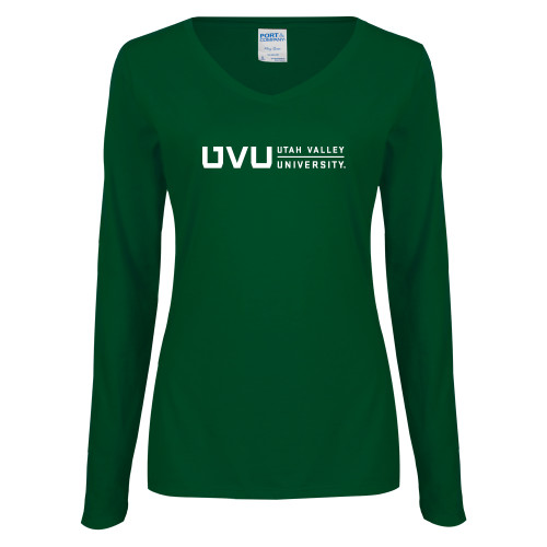  Womens Dark Green Long Sleeve V Neck Tee  - UVU Utah Valley University Horizontal
