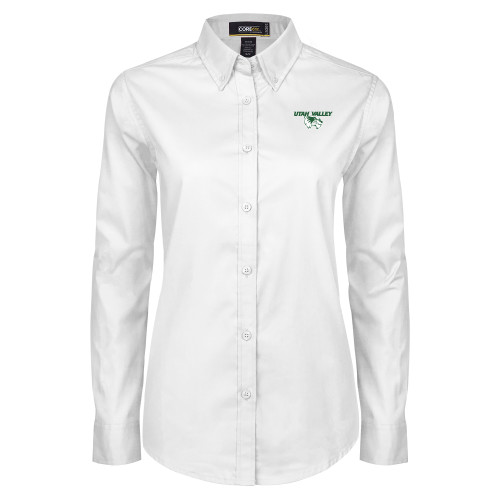  Womens White Twill Button Down Long Sleeve - Utah Valley Logo