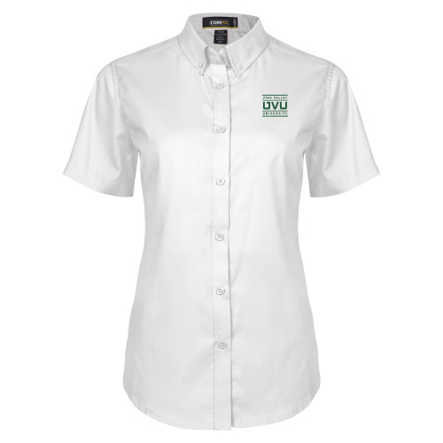  Womens White Twill Button Up Short Sleeve - Utah Valley University Stacked